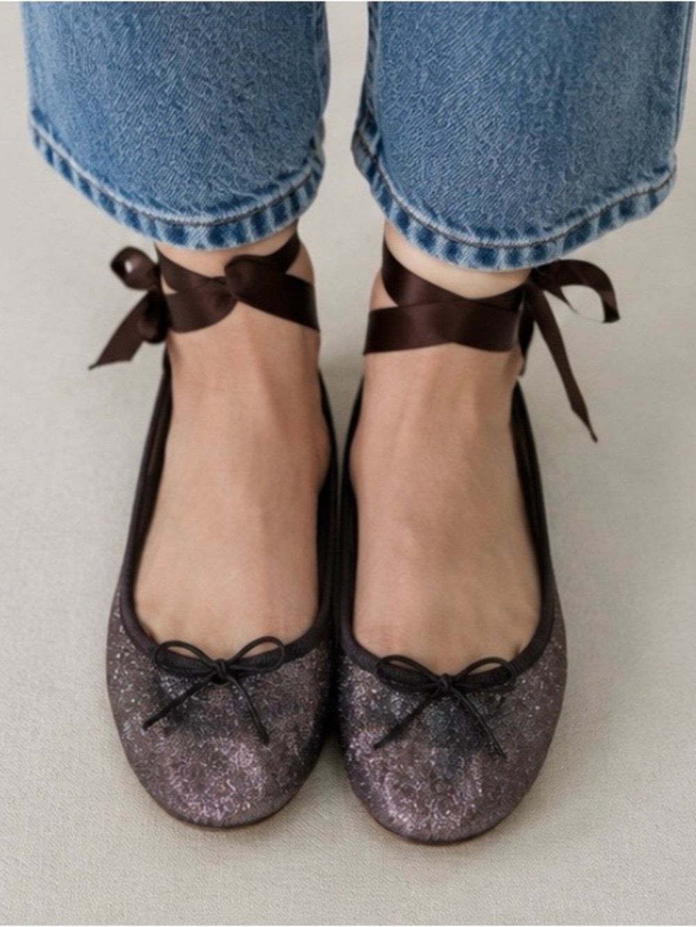 Repetto Paris Glitter Lace-Up Ballet Flats Brown EU 38 / US 7